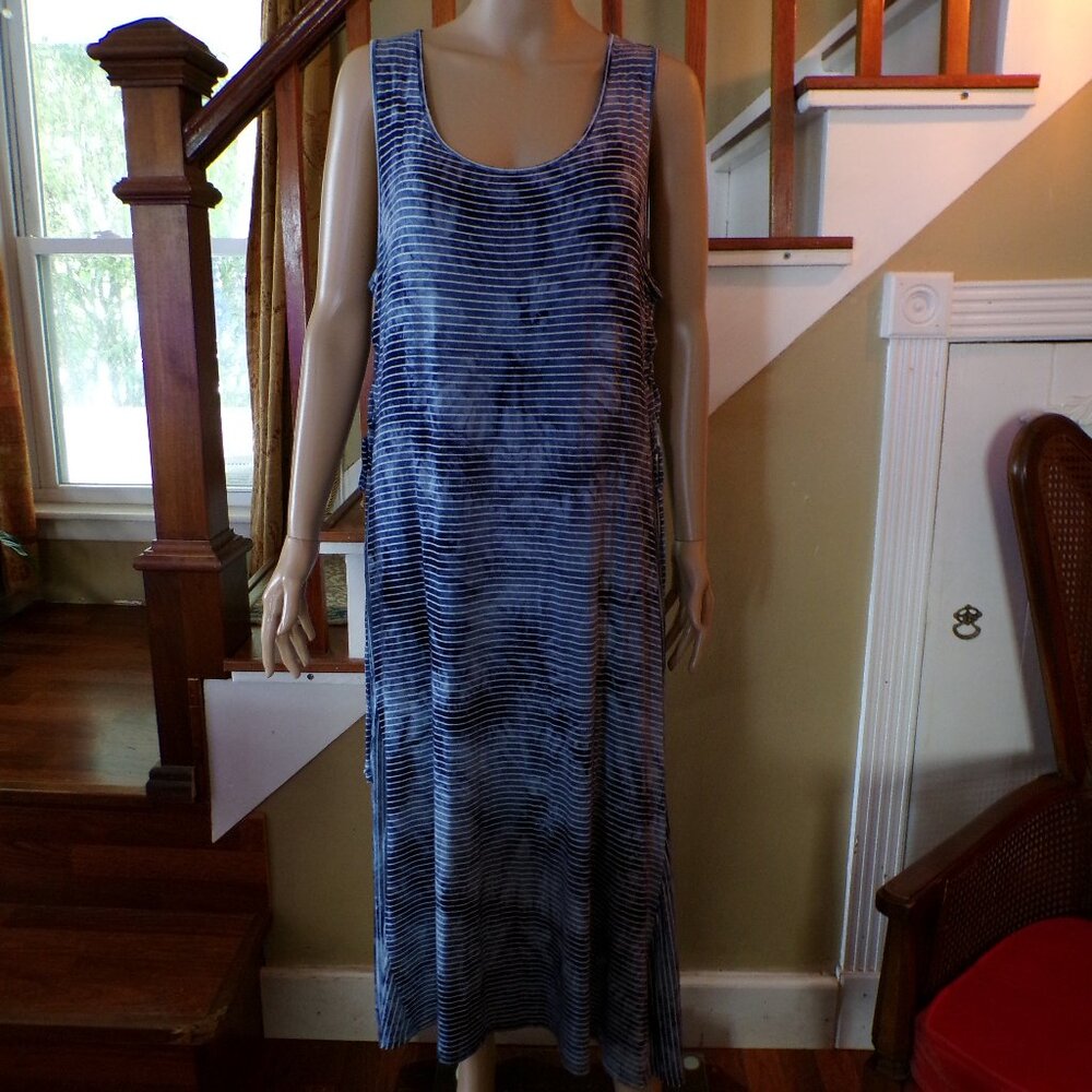 CHICO'S Women's Maxi Dress Blue Striped Tie Dye w/Side Adjustment Ties Size 2